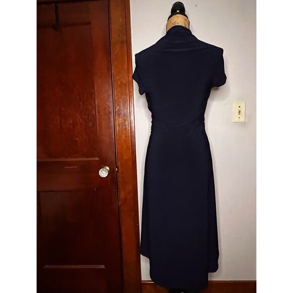 JOSEPH RIBKOFF DK NAVY BLUE STRETCH KNIT HIGH LOW DRESS SIZE 6 WRAPPED BODICE - Picture 5 of 6